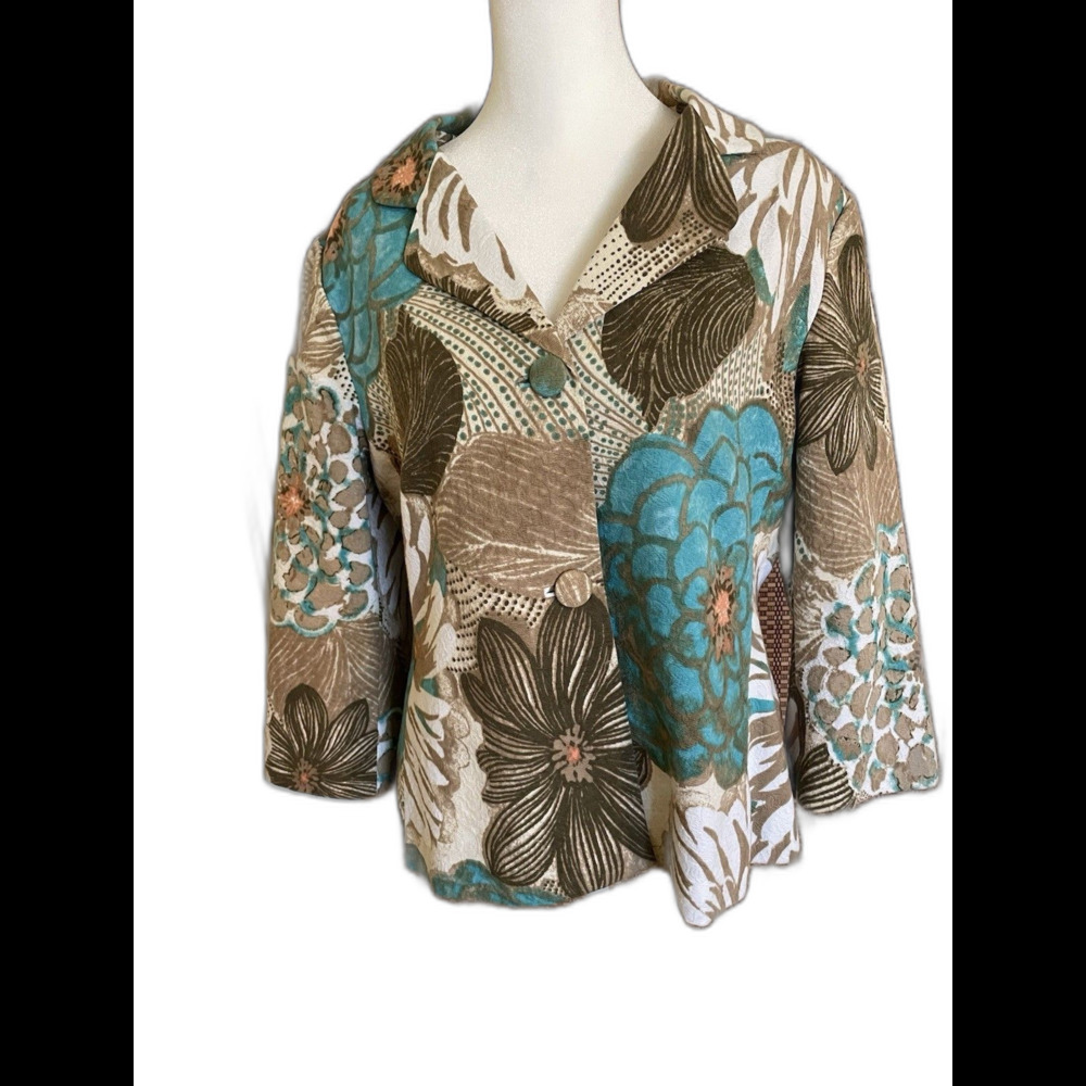 Chicos Blazer Women Size 1 Brown Blue Floral Pattern Cotton Polyester Lined